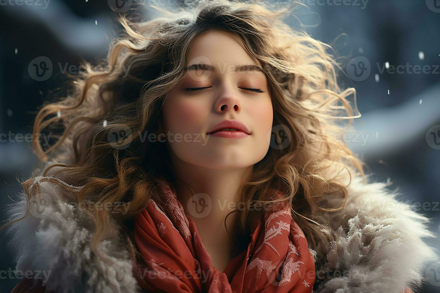 ai generado lado belleza retrato de hermosa atractivo chica, joven calma mujer es respiración profundo profundamente Fresco aire a invierno frío escarchado Nevado día con su ojos cerrado foto