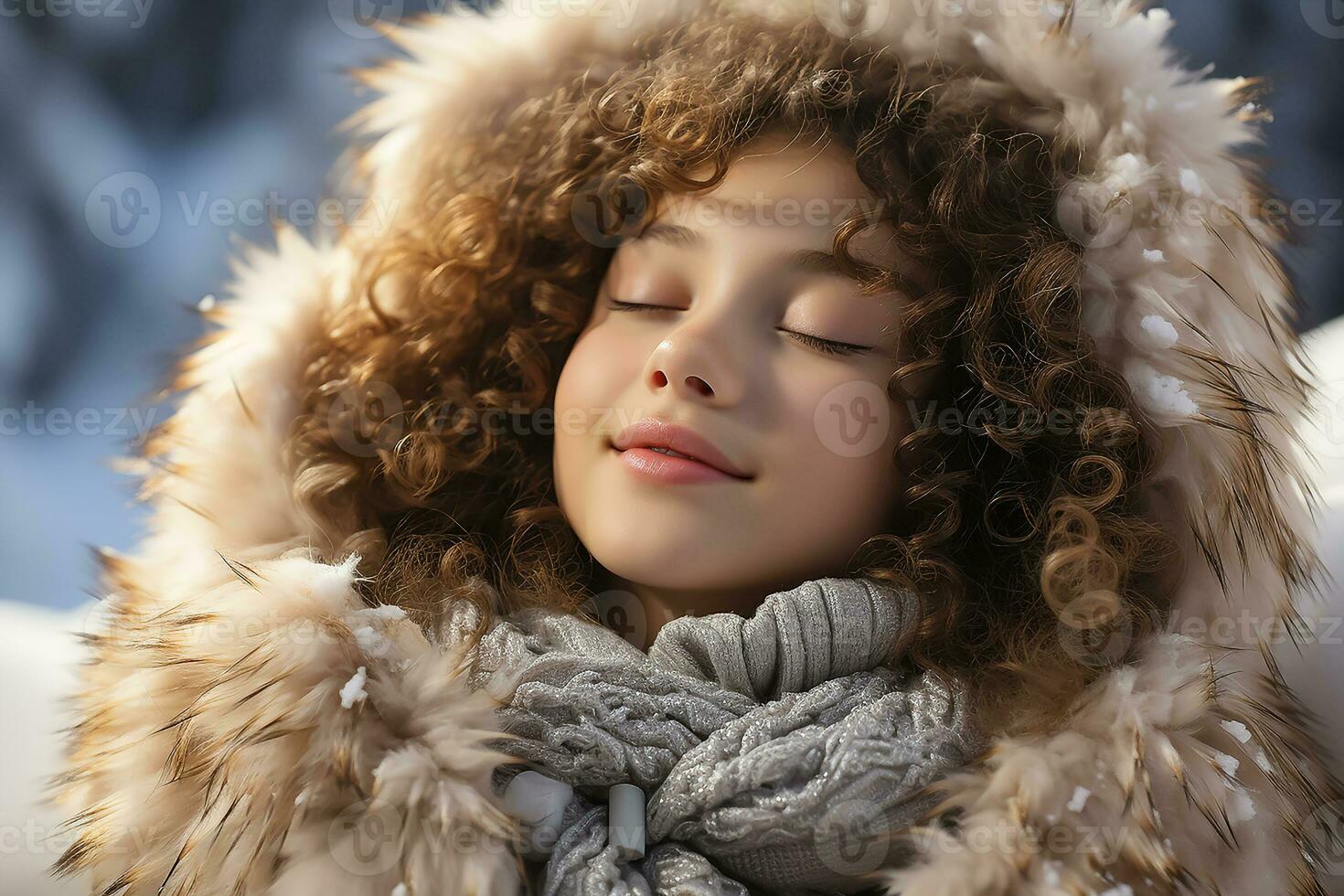 AI generated Side beauty portrait of beautiful kid, breathing deep deeply fresh air at winter cold frosty snowy day with her eyes closed photo