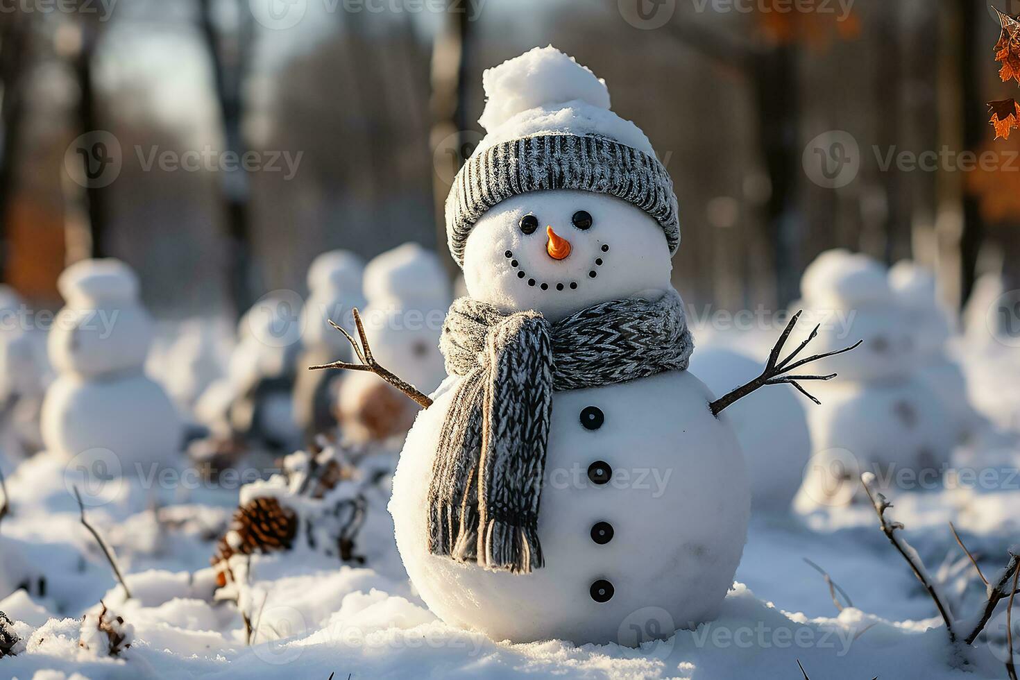 AI generated A festive snowman and winter forest view in background with snowing photo