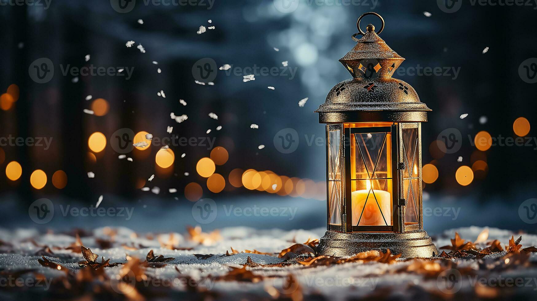 AI generated A white lantern at snowing, winter season weather, closeup, copy space, photo