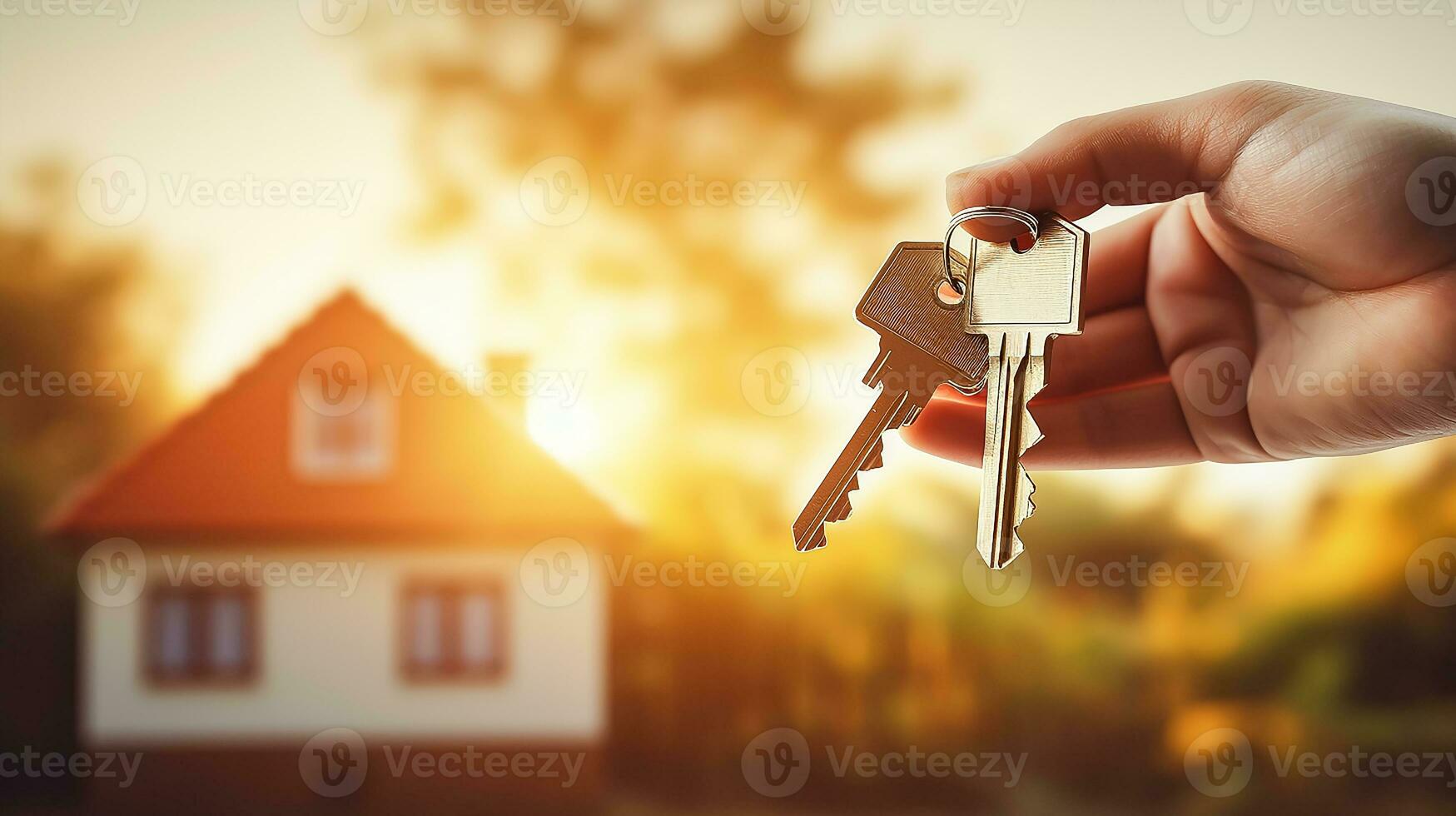 AI generated A man carried up house key and blurry modern house in background, real estate concept, full day light photo