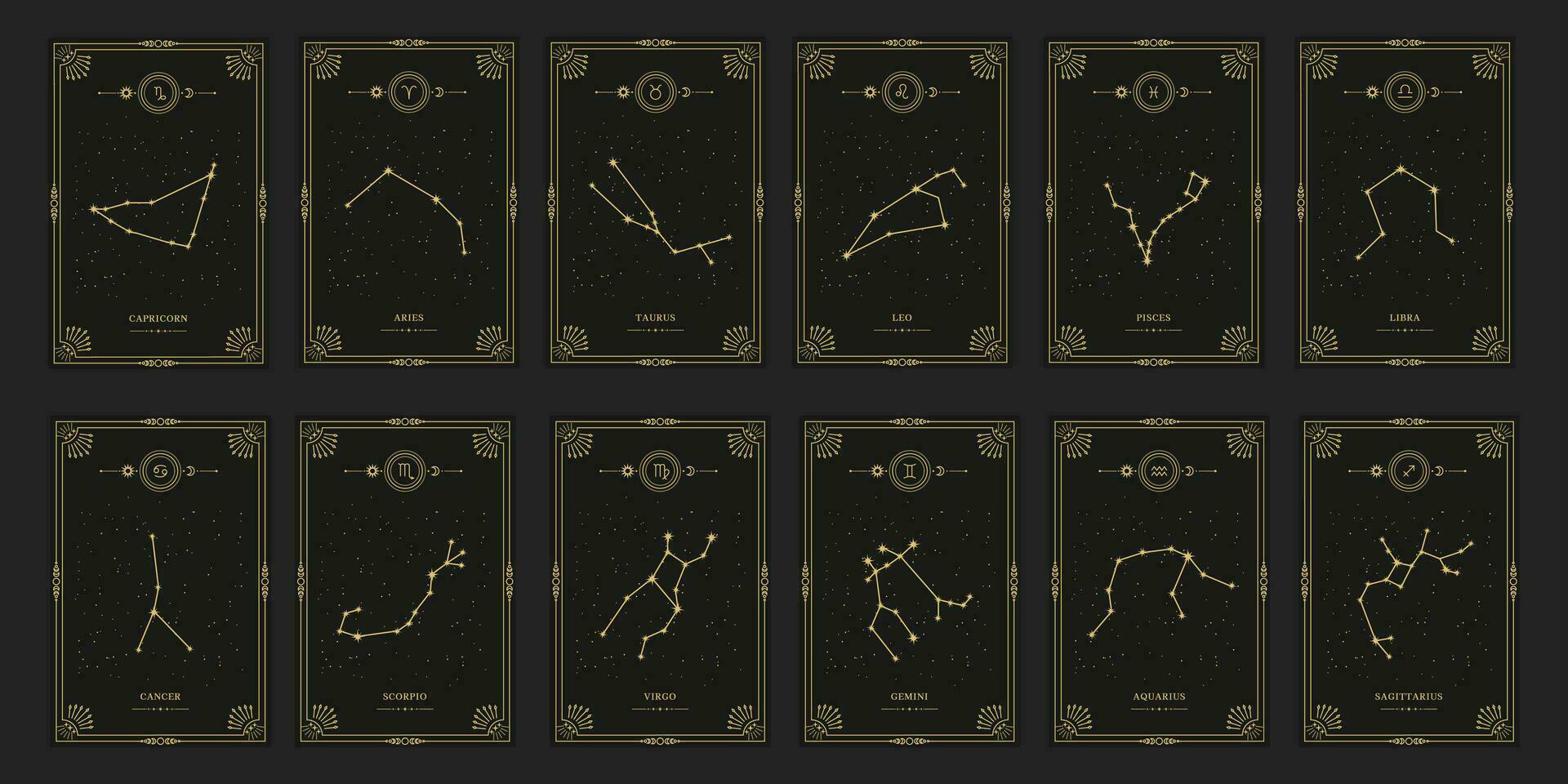 Celestial mystical zodiacal horoscope constellations. Zodiac astrology horoscope set. vector