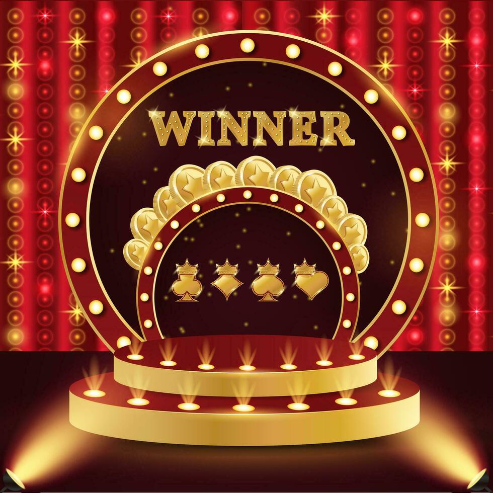 Casino podium winner. 3d retro casino podium. Podium with coins, playing cards symbols and winner. Casino scene, stage, studio or room. vector
