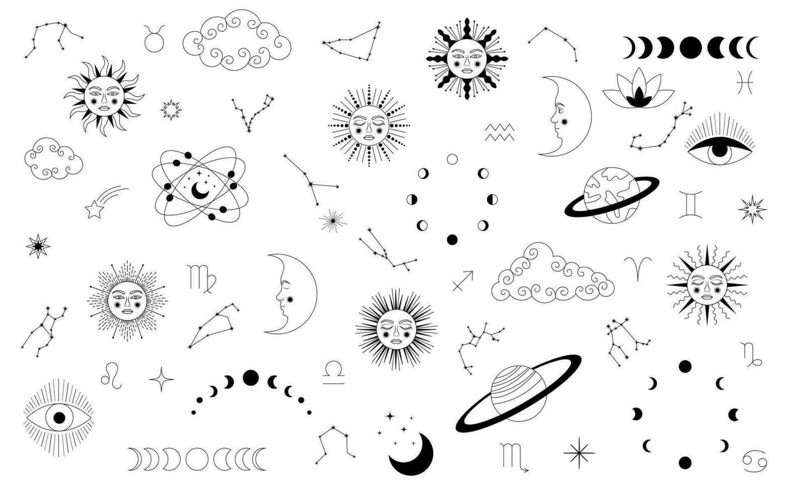 celestial místico astrología. conjunto de celestial místico esotérico elementos. místico luna, sol, estrella, zodíaco símbolos y constelación vector colocar.