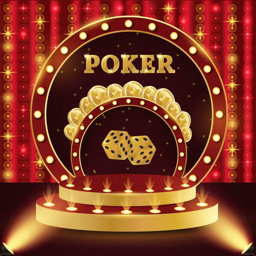Casino podium poker. 3d retro casino podium. Podium with coins, dice and poker. Casino scene, stage, studio or room. vector