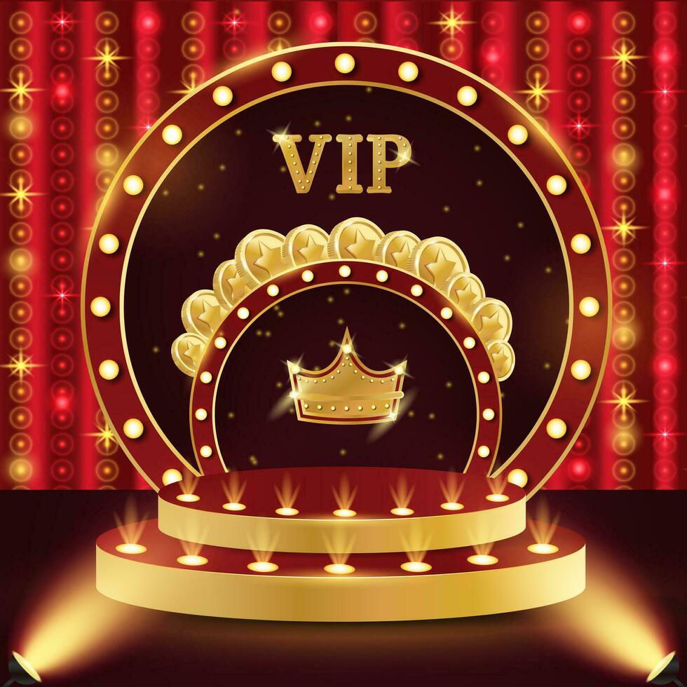 casino VIP podio. 3d retro casino podio. podio con monedas y corona. casino escena, escenario, estudio o habitación. vector