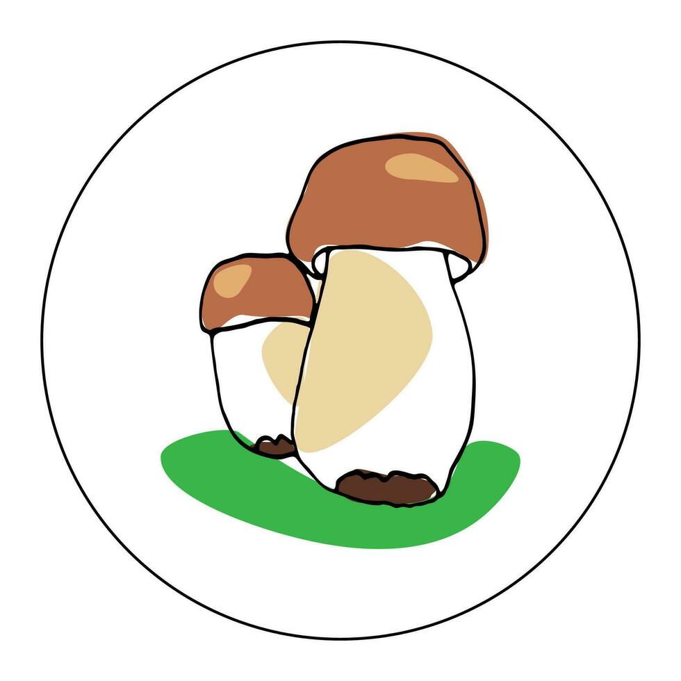 Vector hand drawn illustration of colored mushrooms on a plate in cartoon style. Porcini mushroom for decorating dishes, fabrics and household items.