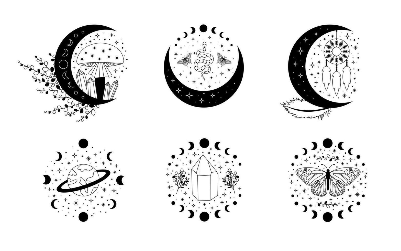 Celestial mystical moon collections. Magic and esotericl vector illustrations.