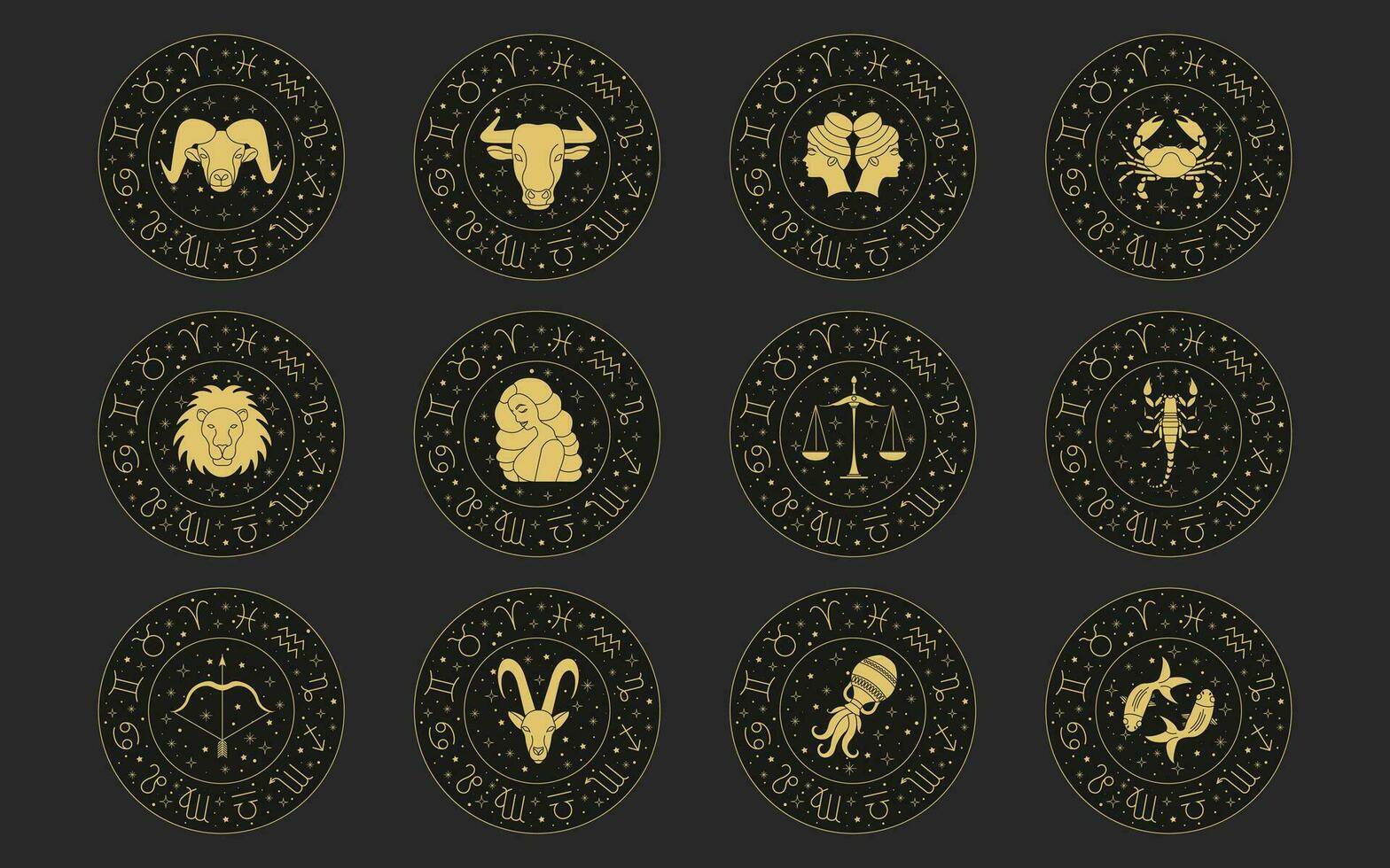 zodíaco astrología horóscopo colocar. celestial místico zodiacal horóscopo plantillas para logo, póster o tarjeta. vector