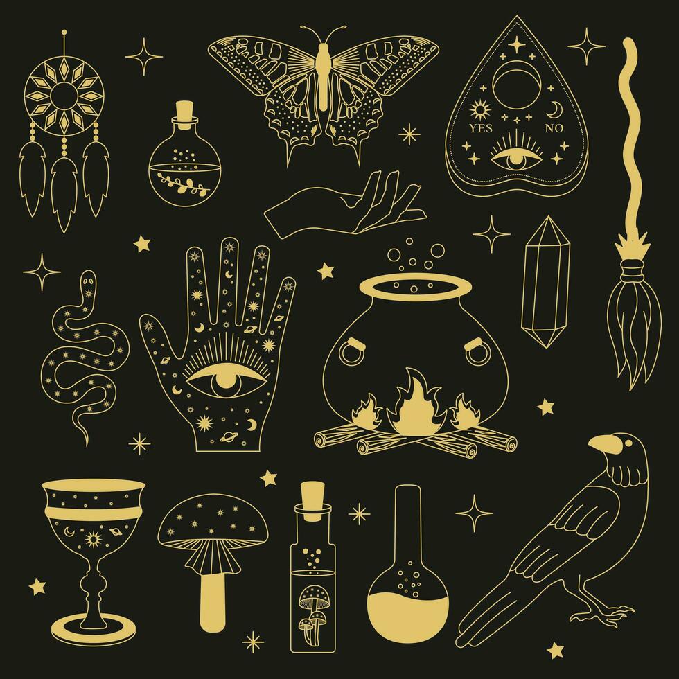 Witchy magic set. Set of witchcraft items. Collection of witchy magic and esoteric equipment. Vector illustration of mythical elements.