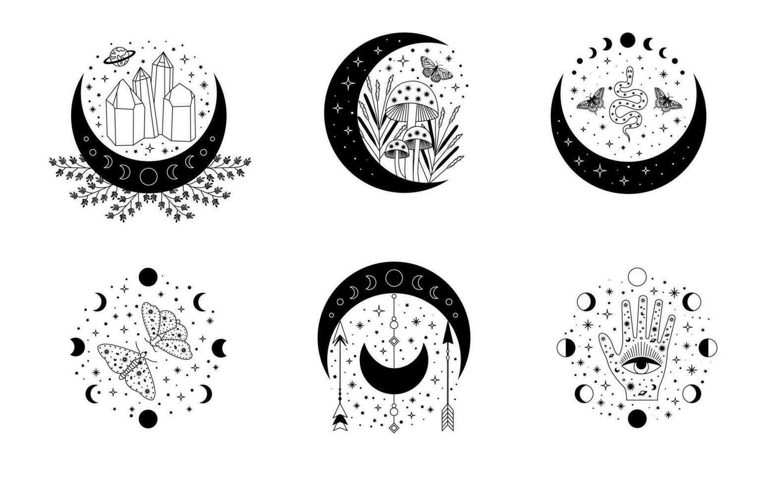 Celestial mystical moon collections. Magic and esotericl vector illustrations.