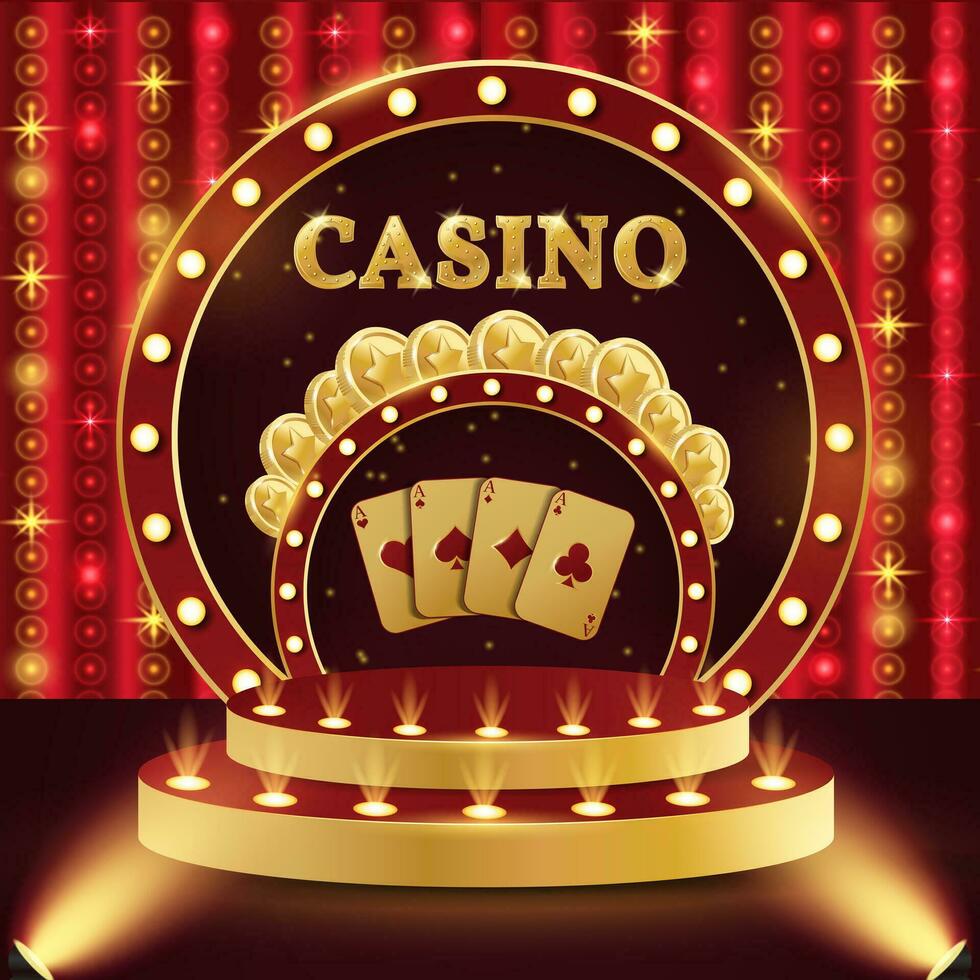 Casino podium. 3d retro casino podium. Podium with coins and playing cards. Casino scene, stage, studio or room. vector