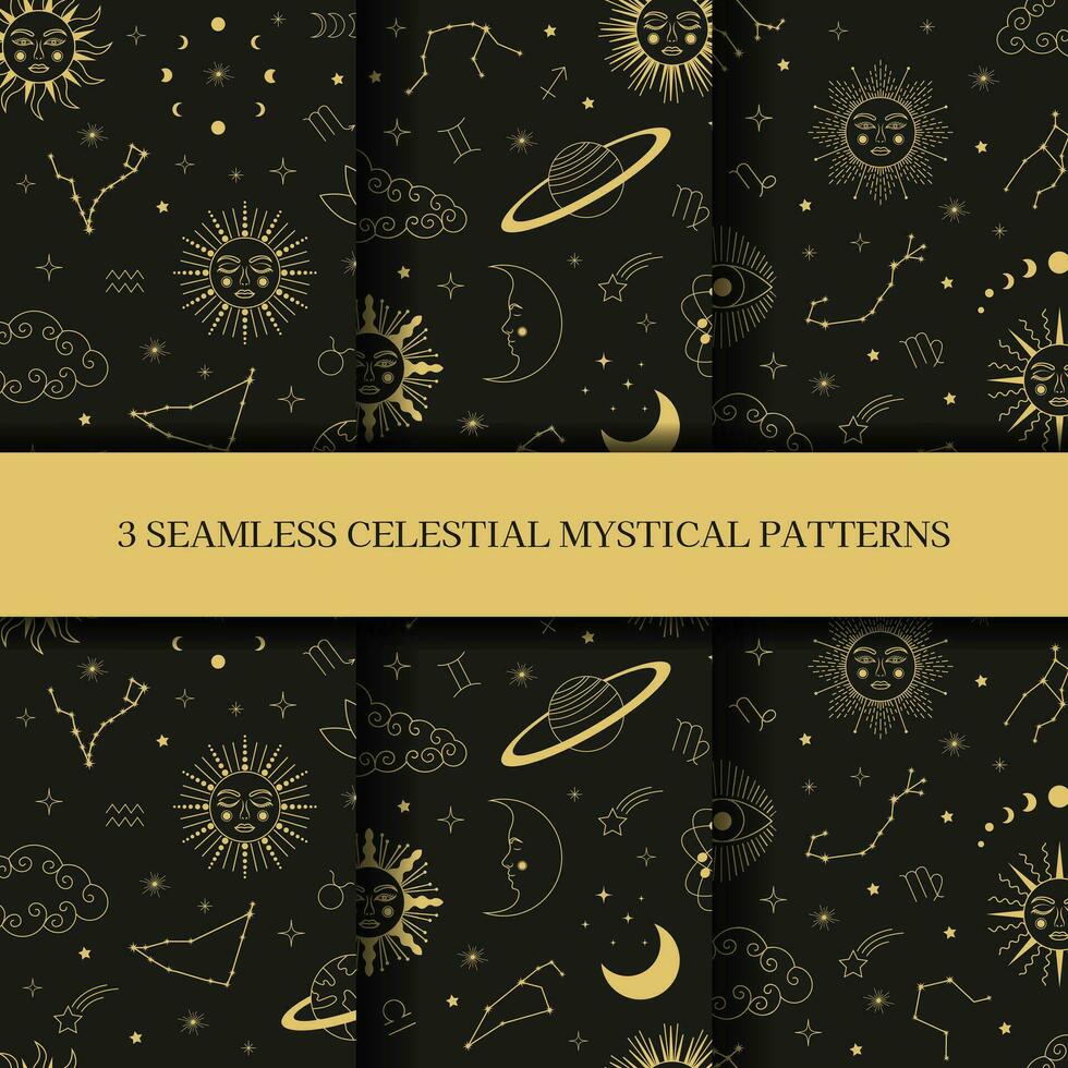 Celestial mystical astrology seamless patterns. Set of celestial mystic esoteric seamless patterns.. Mystic moon, sun, star, zodiac symbols and constellation vector set.