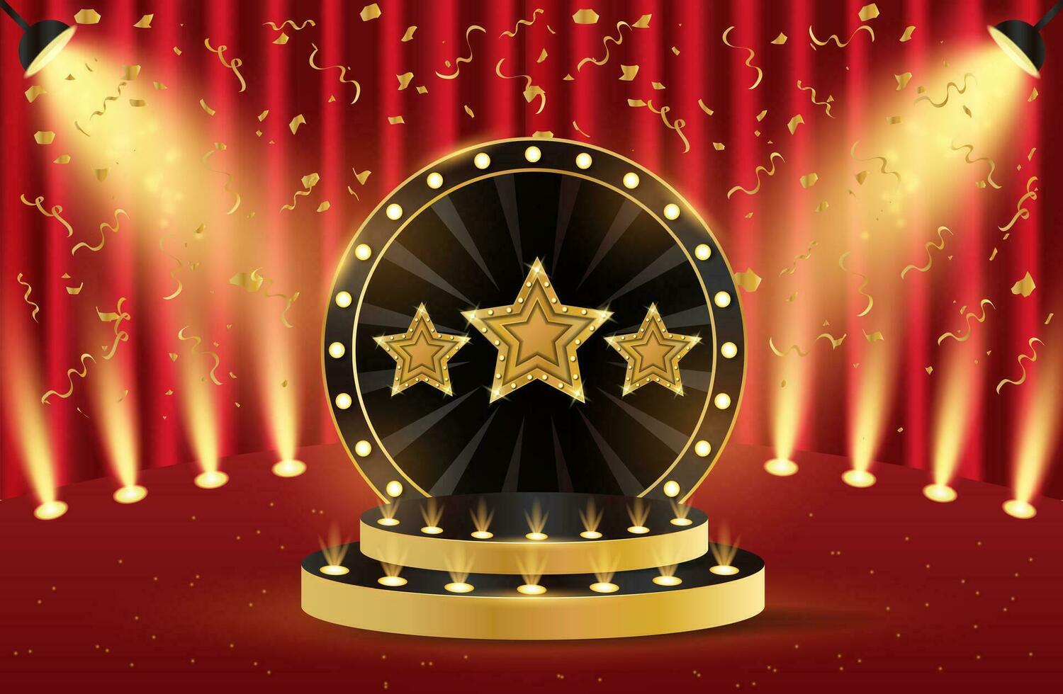 Podium with stars. 3d retro podium for show, award, theatre, circus, cinema. Scene, pedestal, stage, studio or room. vector