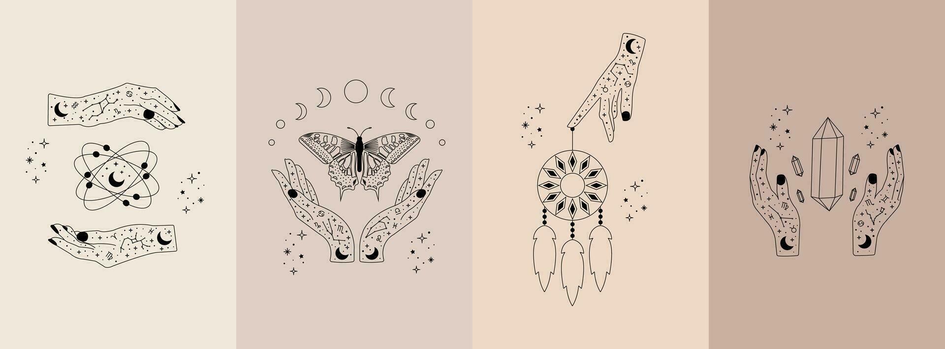 Celestial mystical moon and hands. Set of magic hands with celestial mystical esoteric symbols for logotype, posters. Vector illustration.