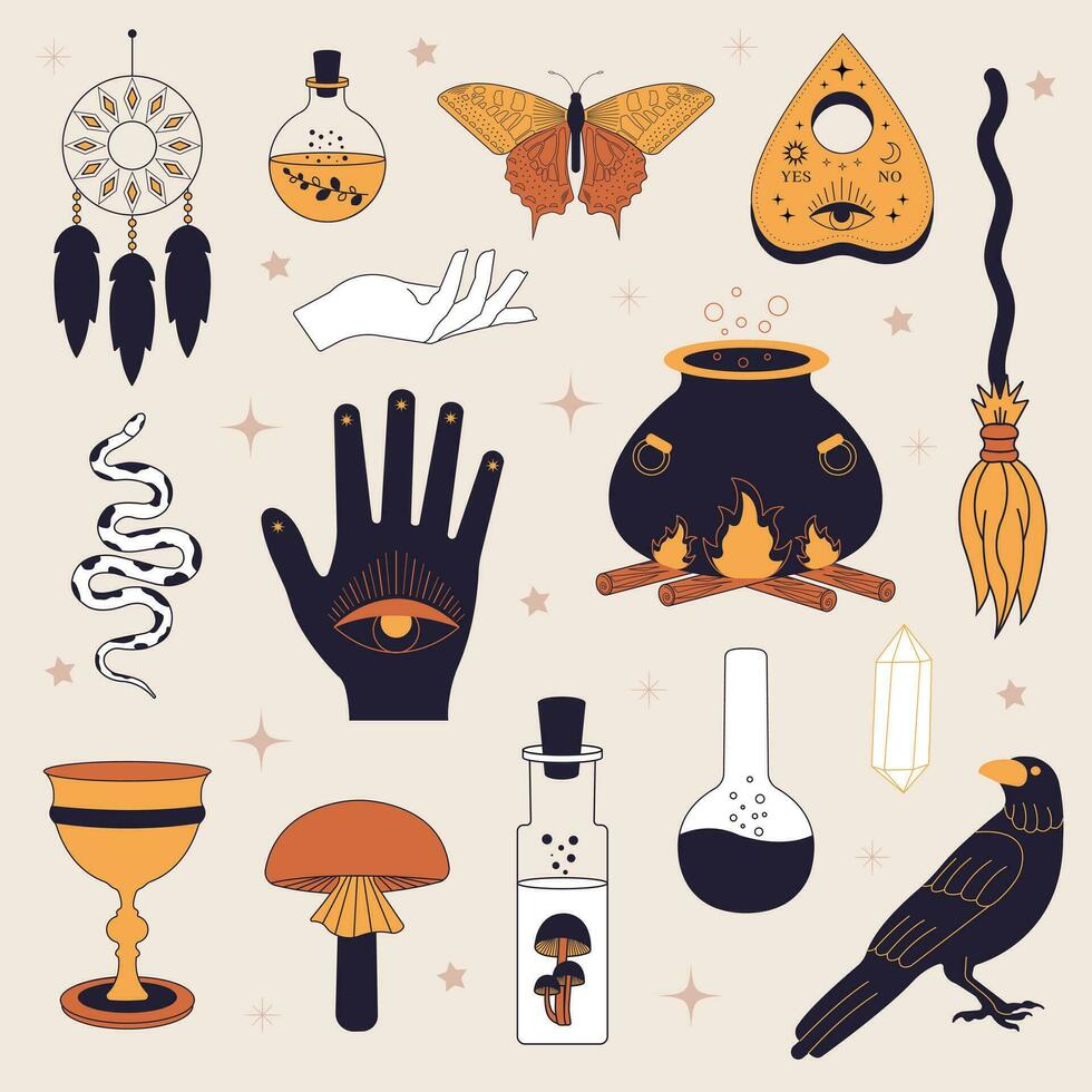 Witchy magic set. Set of witchcraft items. Collection of witchy magic and esoteric equipment. Vector illustration of mythical elements.