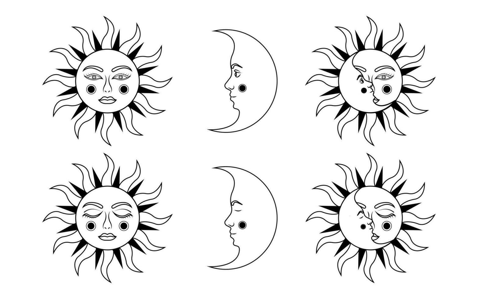 Celestial mystical magic moon and san. Set of esoteric moon and sun. vector