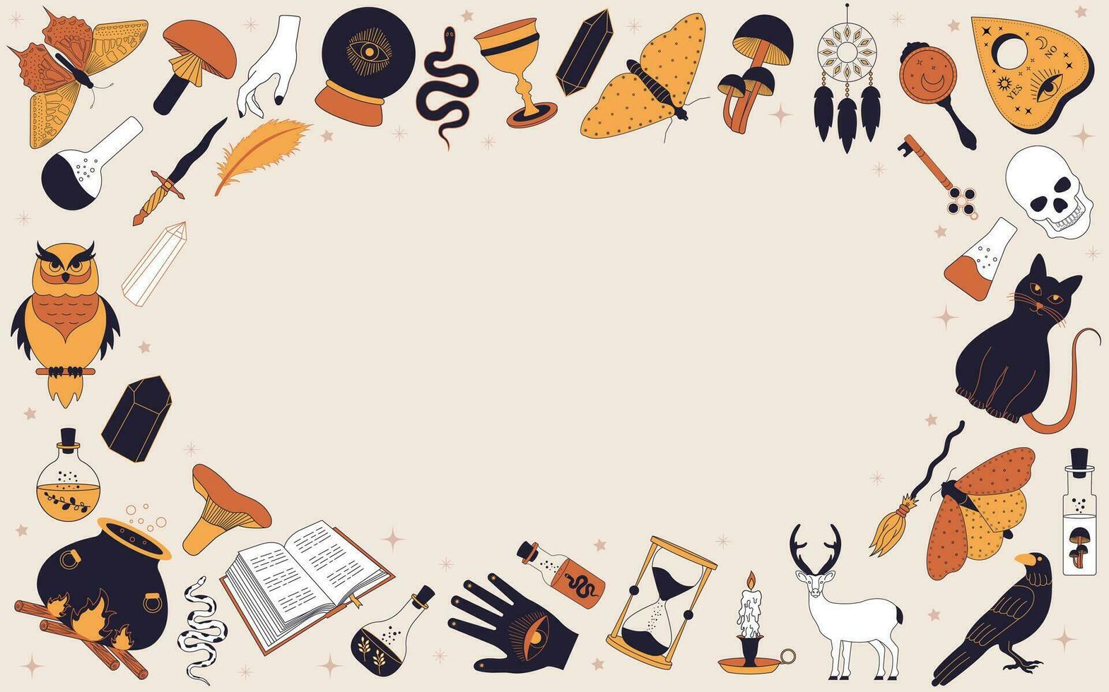 Witchy magic background. Background with witchcraft items. Collection of witchy magic and esoteric equipment. Vector illustration of mythical elements.