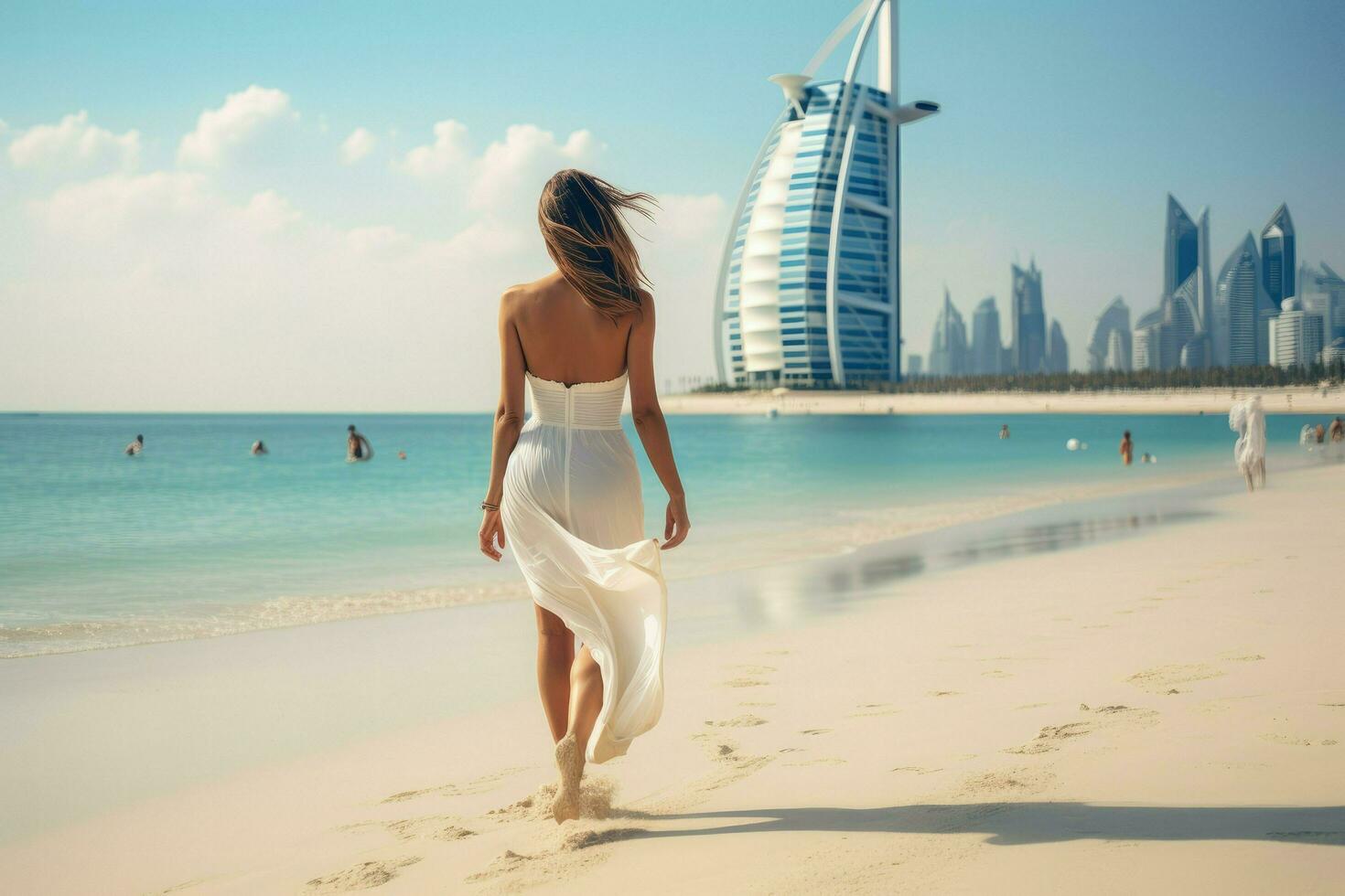 AI generated Beautiful young woman is walking on the beach in Dubai Ai generated photo