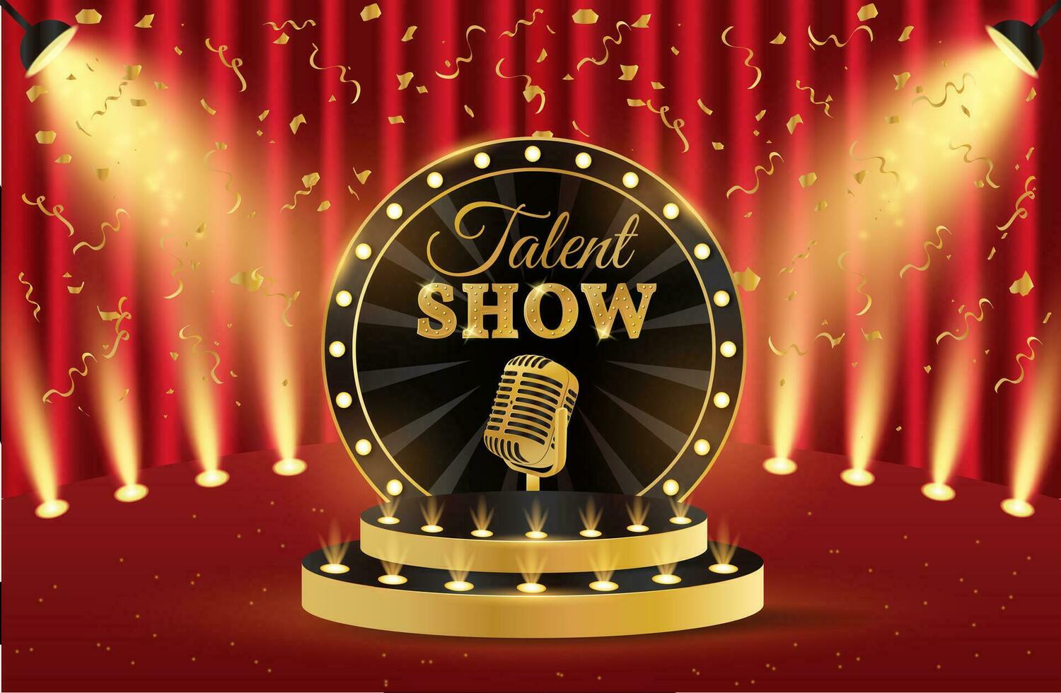 Show talent podium. 3d retro talent show podium with microphone. Show scene, stage, studio or room. vector