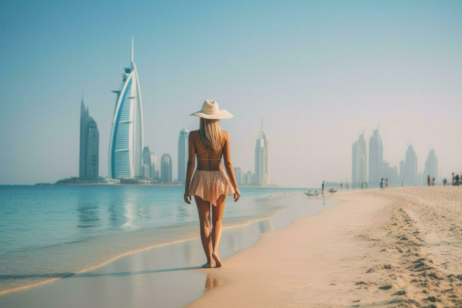 AI generated Beautiful young woman is walking on the beach in Dubai Ai generated photo