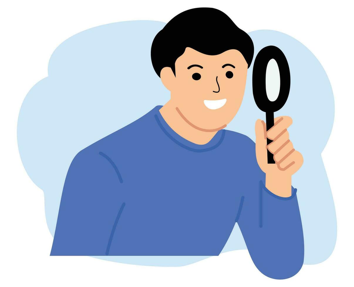 young man looking using a magnifying glass or concept of searching job vacancy vector