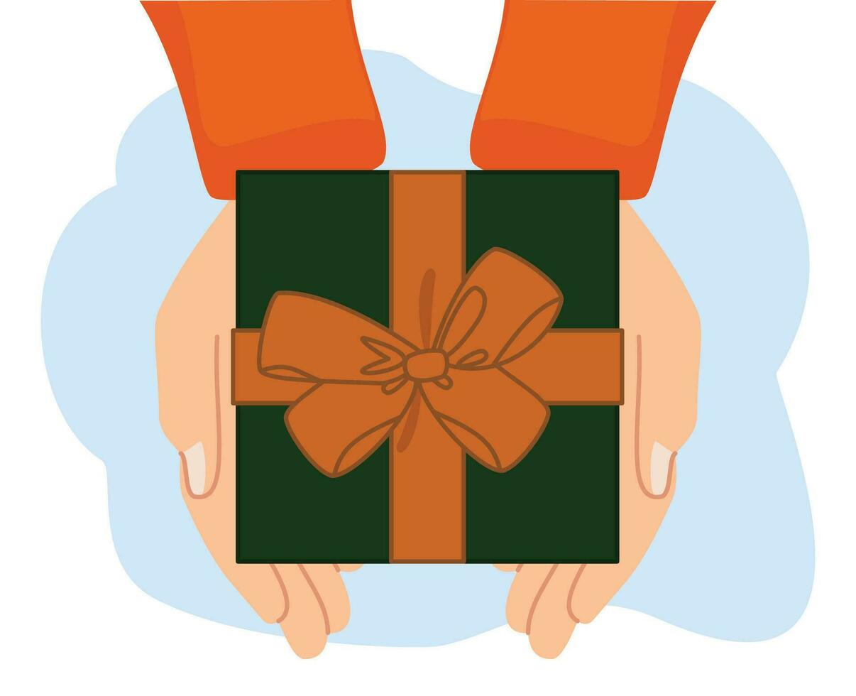 hands holding gift box with golden ribbon on blue background vector