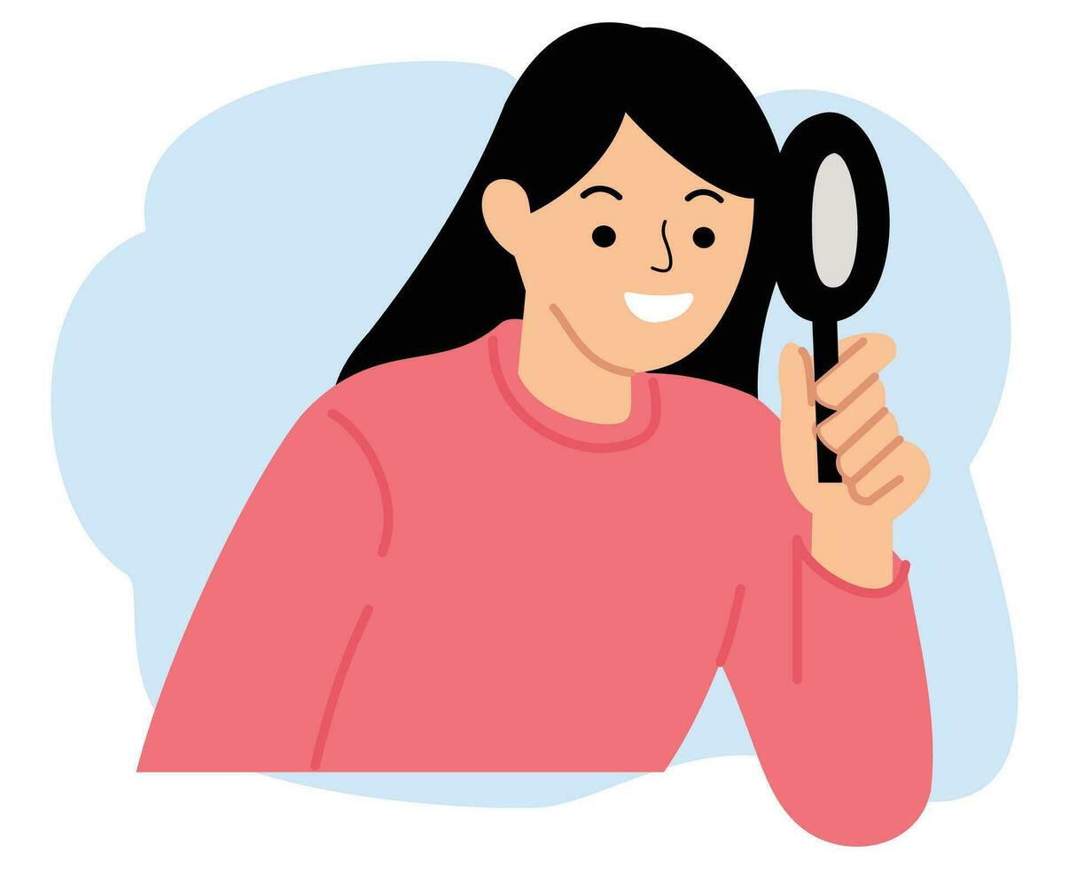 young woman looking using a magnifying glass or searching concept vector