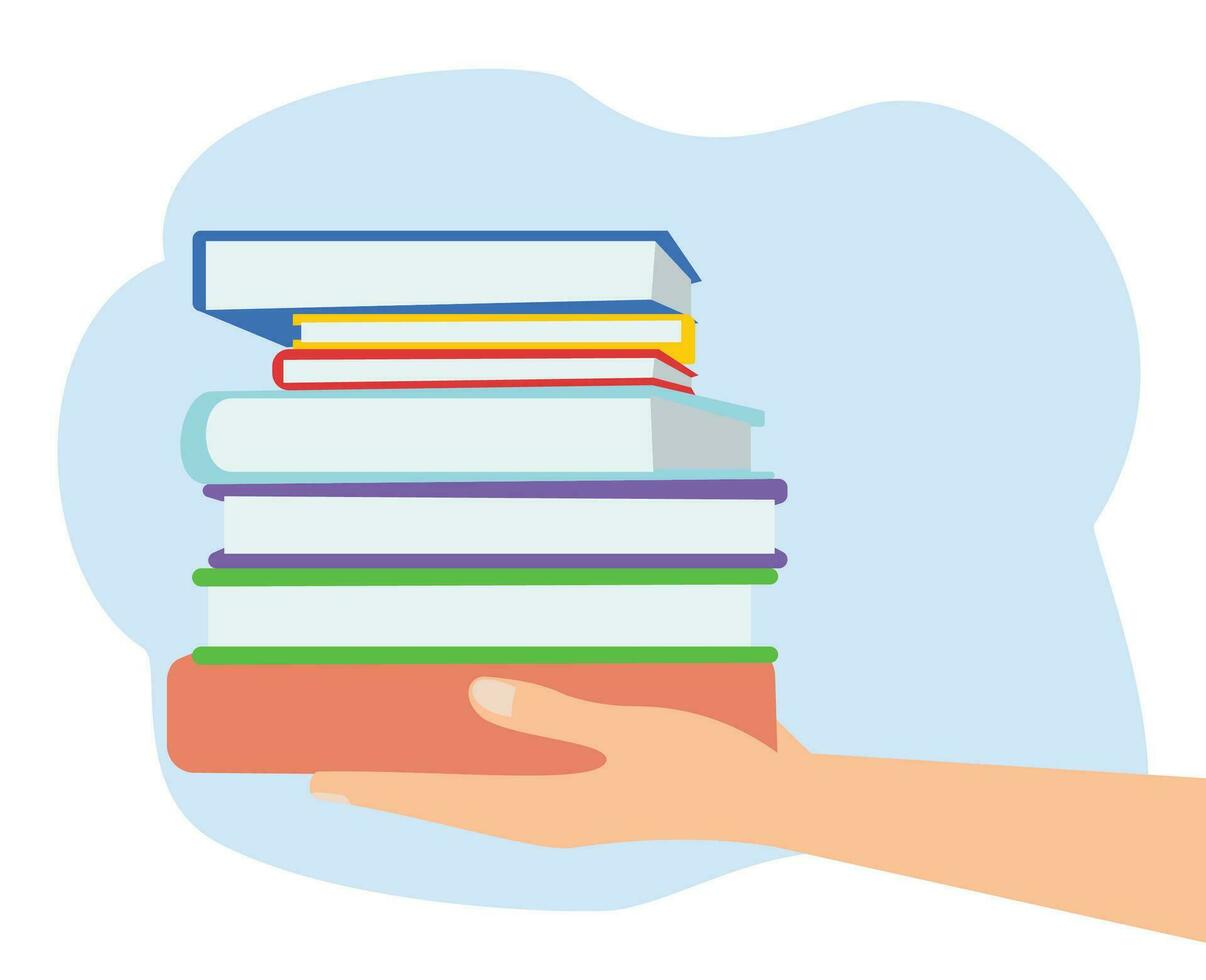 hands holding pile of books over light blue background or education library and science knowledge vector
