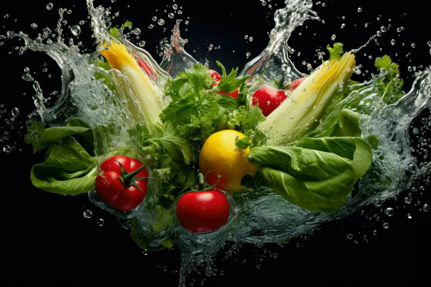 AI generated Vegetable splashing into clear water Vegetables splashing into clear water on dark background Ai generated photo