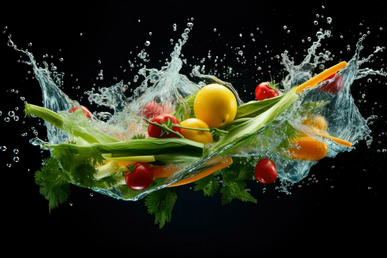 AI generated Vegetable splashing into clear water Vegetables splashing into clear water on dark background Ai generated photo