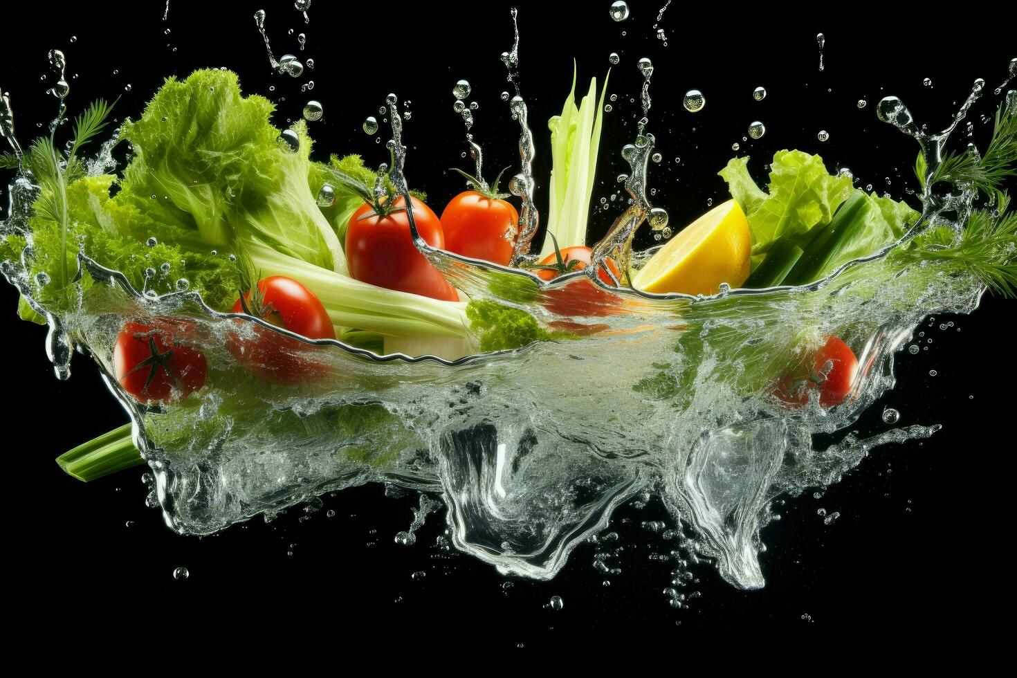 AI generated Vegetable splashing into clear water Vegetables splashing into clear water on dark background Ai generated photo