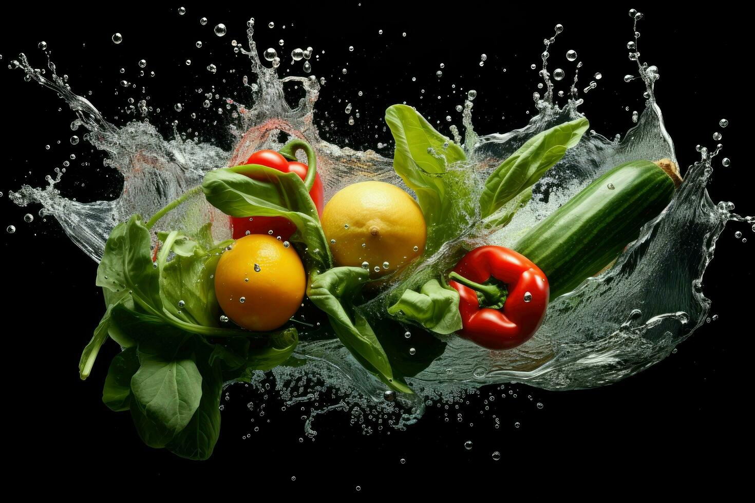 AI generated Vegetable splashing into clear water Vegetables splashing into clear water on dark background Ai generated photo