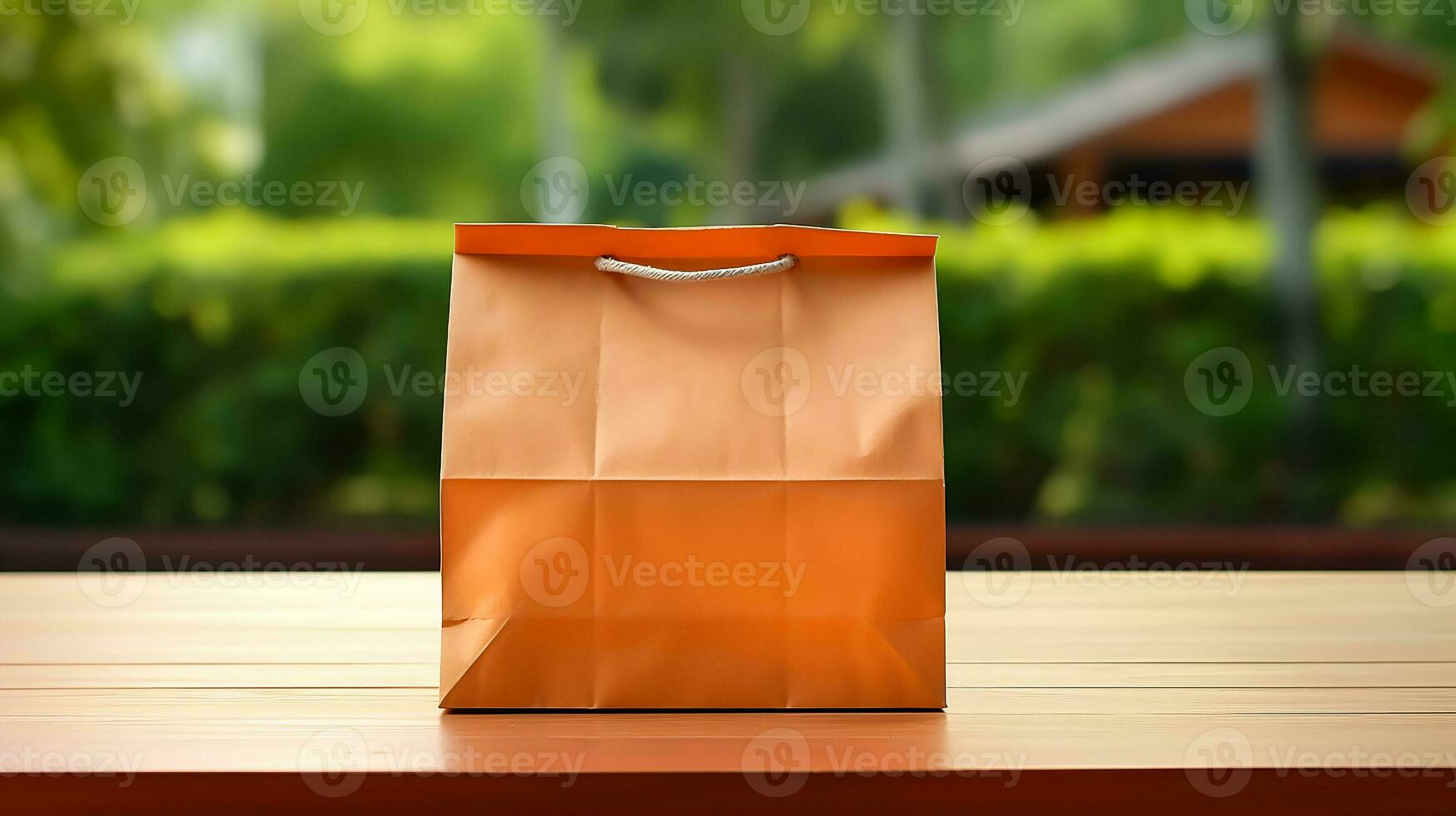 ai generado con Copiar espacio comida entrega papel bolso en el de madera mesa, naranja color antecedentes foto