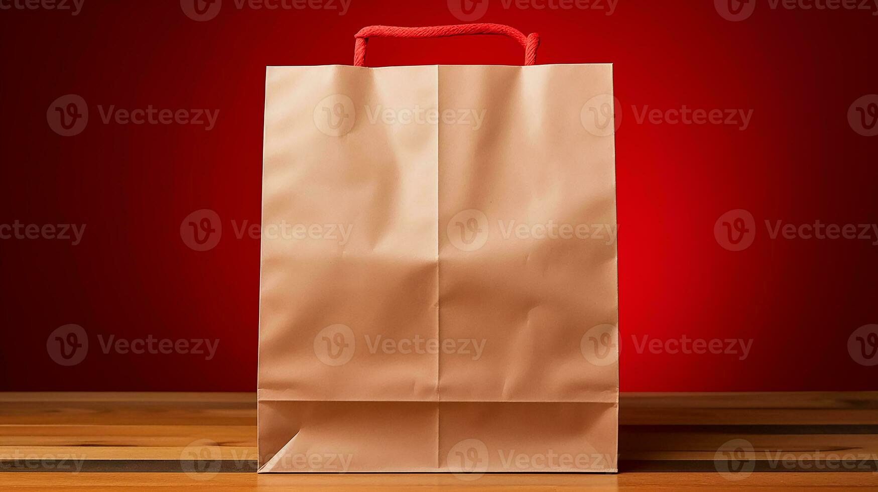 AI generated food Delivery paper empty bag on the wooden table with red background photo