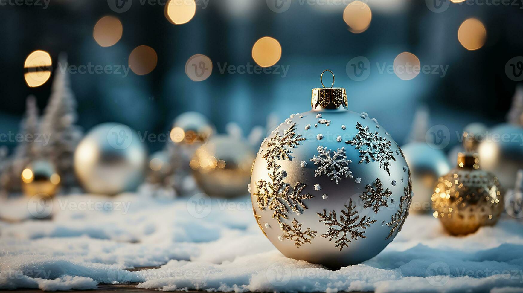 AI generated Christmas winter background with snow and blurred bokeh, copy space photo