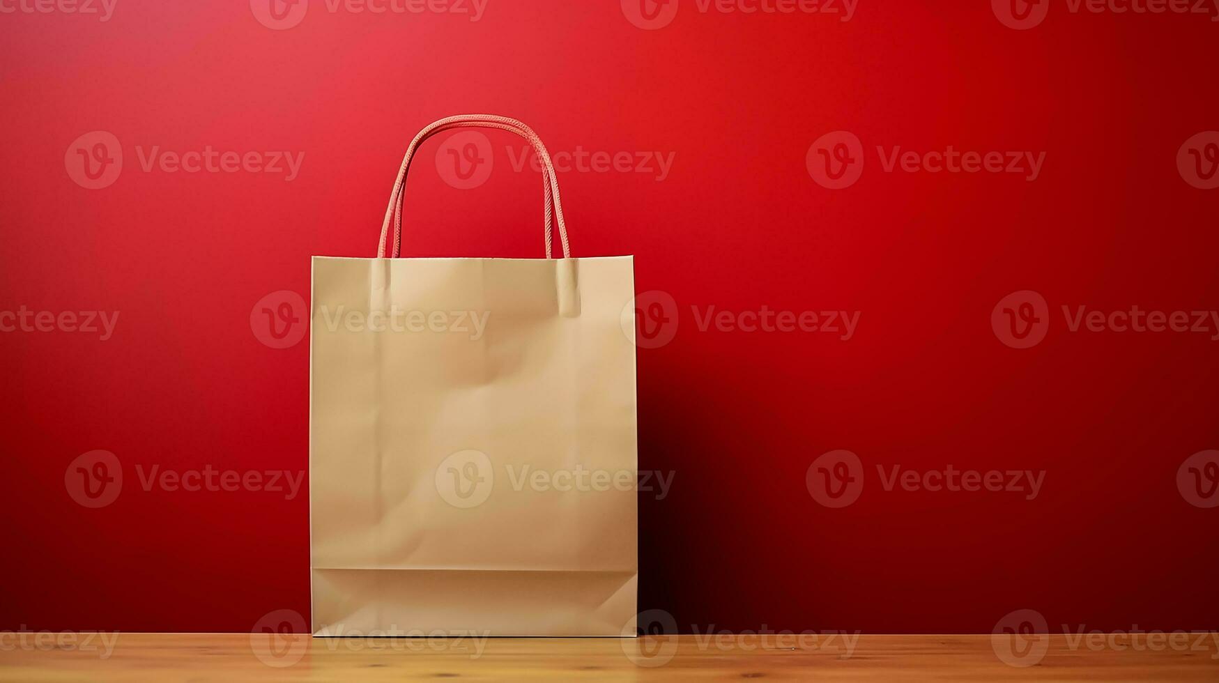 AI generated food Delivery paper empty bag on the wooden table with red background photo