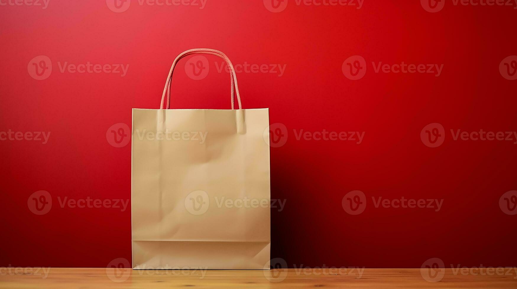 ai generado comida entrega papel vacío bolso en el de madera mesa con rojo antecedentes foto