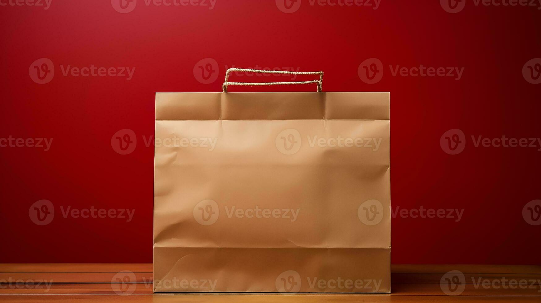 AI generated food Delivery paper empty bag on the wooden table with red background photo