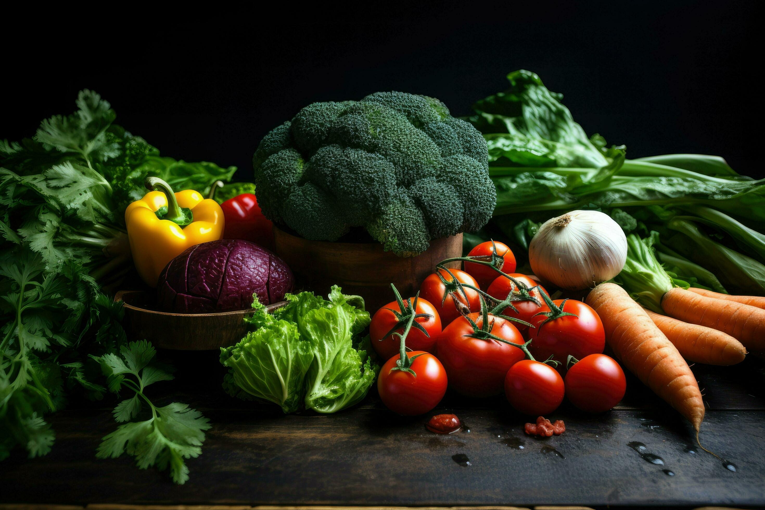 AI generated vegetables on Dark background Vegetables set and spices