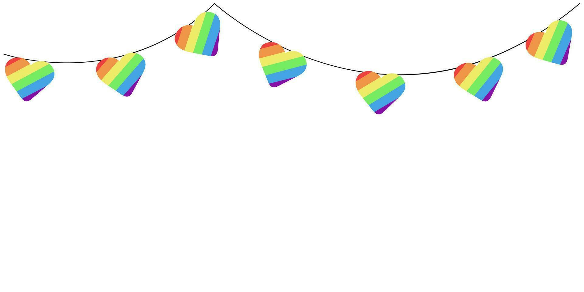 Garland of hearts in rainbow colors of the LGBT flag for pride decoration . Valentine's day banner background with space for text. copy space. vector illustration isolated on white background.