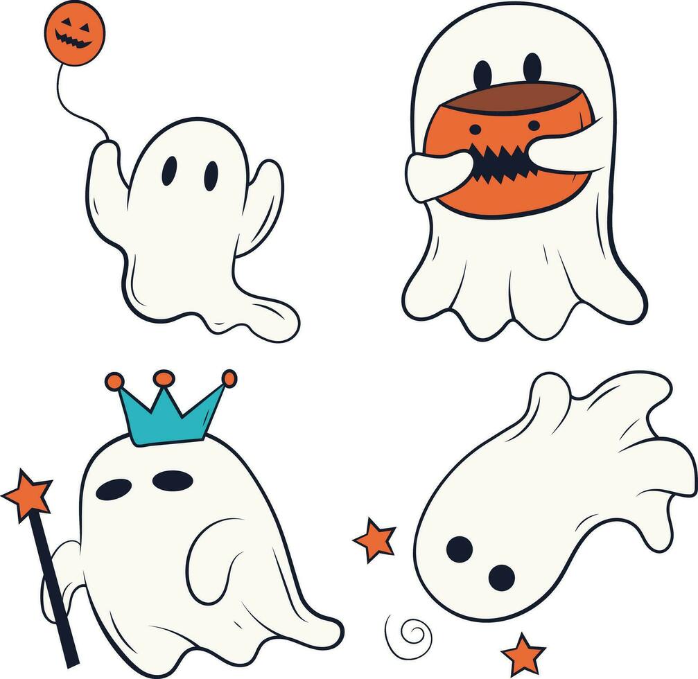 Retro Ghost Halloween Icon Set. With Cute Cartoon Design Style. Vector Illustration.