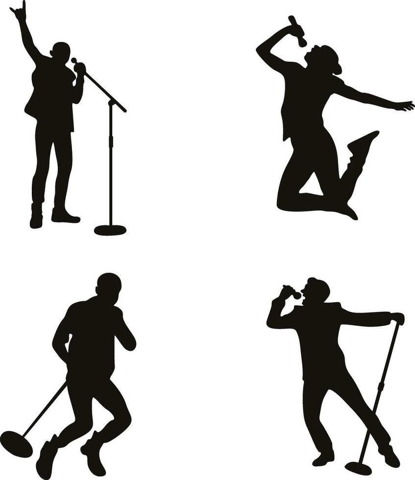 Singer Pose Silhouette Set. Isolated On White Background. Vector Illustration.