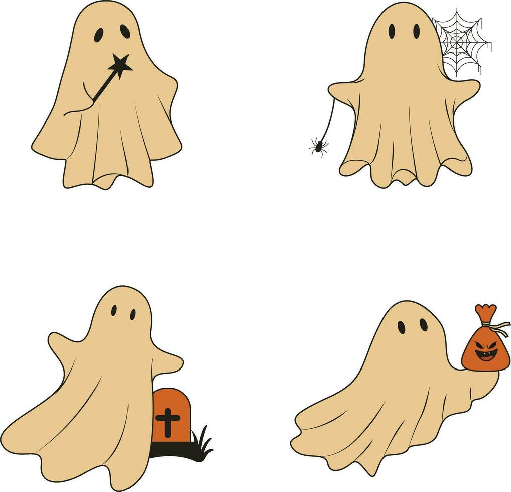 Retro Ghost Halloween Illustration Set. With Spooky Cartoon Design Style. Isolated Vector Icon.