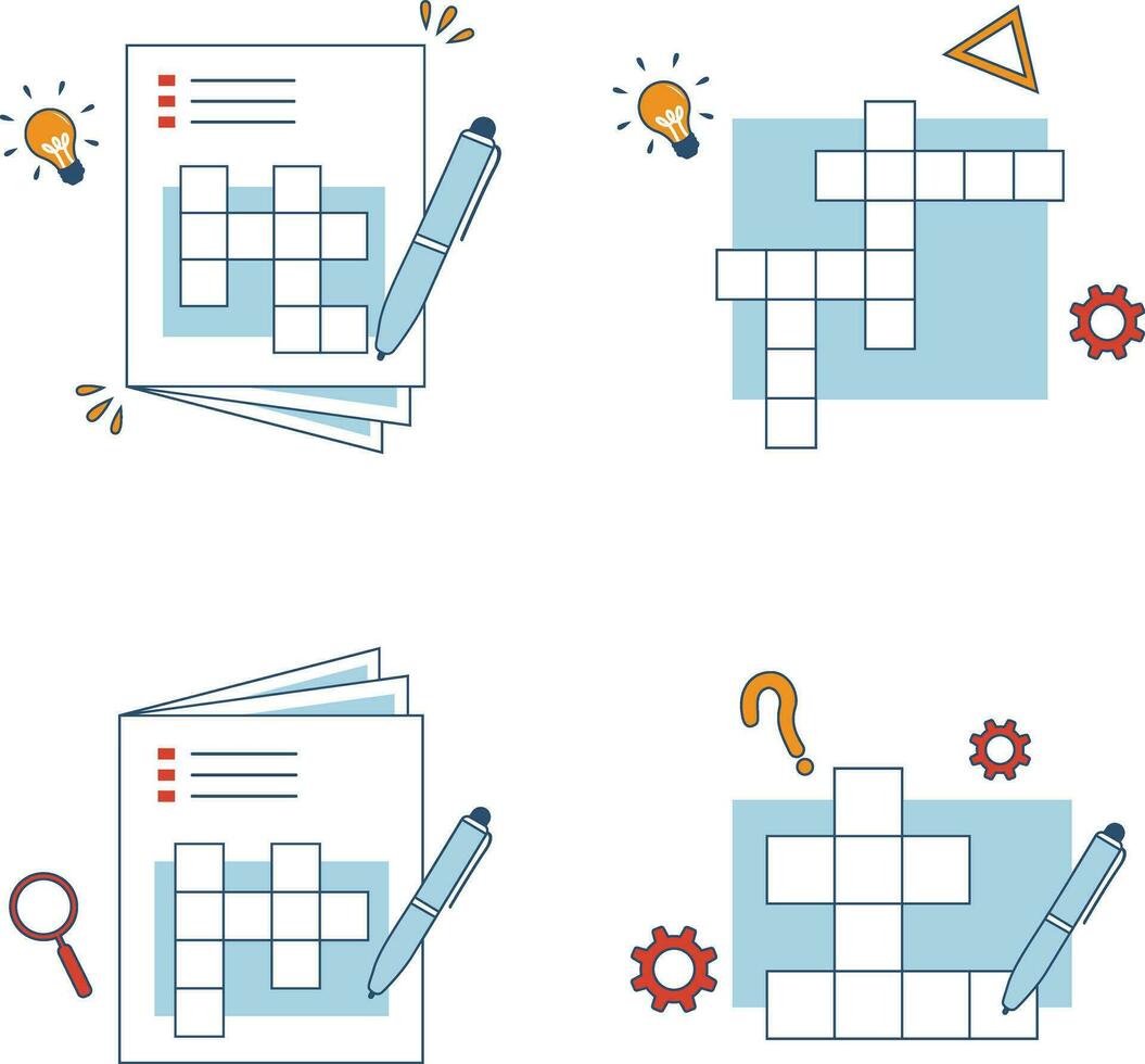 Crossword Puzzle Day Icon Set. With Different Cartoon Decoration. Vector Illustration.