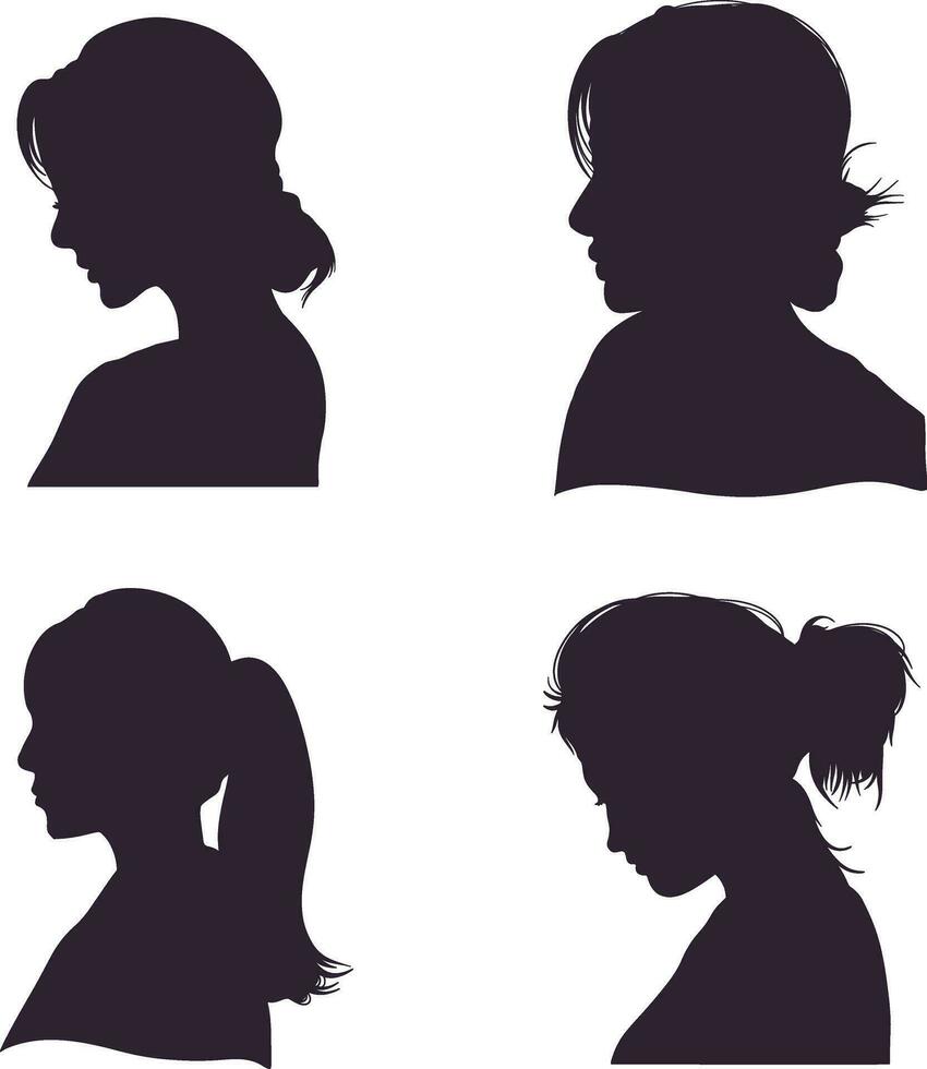 Woman Head Silhouette Set. With Flat Design. Isolated Black Vector Illustration.
