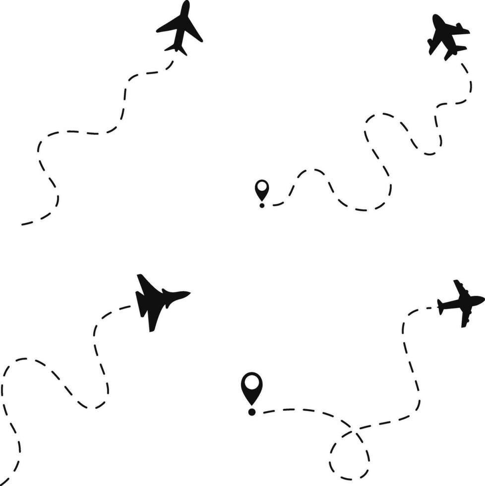 Airplane Dotted Route Icon Set. Isolated On White Background. Vector Illustration.