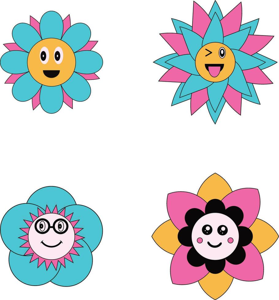 Groovy Flowers Retro Icon Set. Isolated On White Background. Vector Illustration.