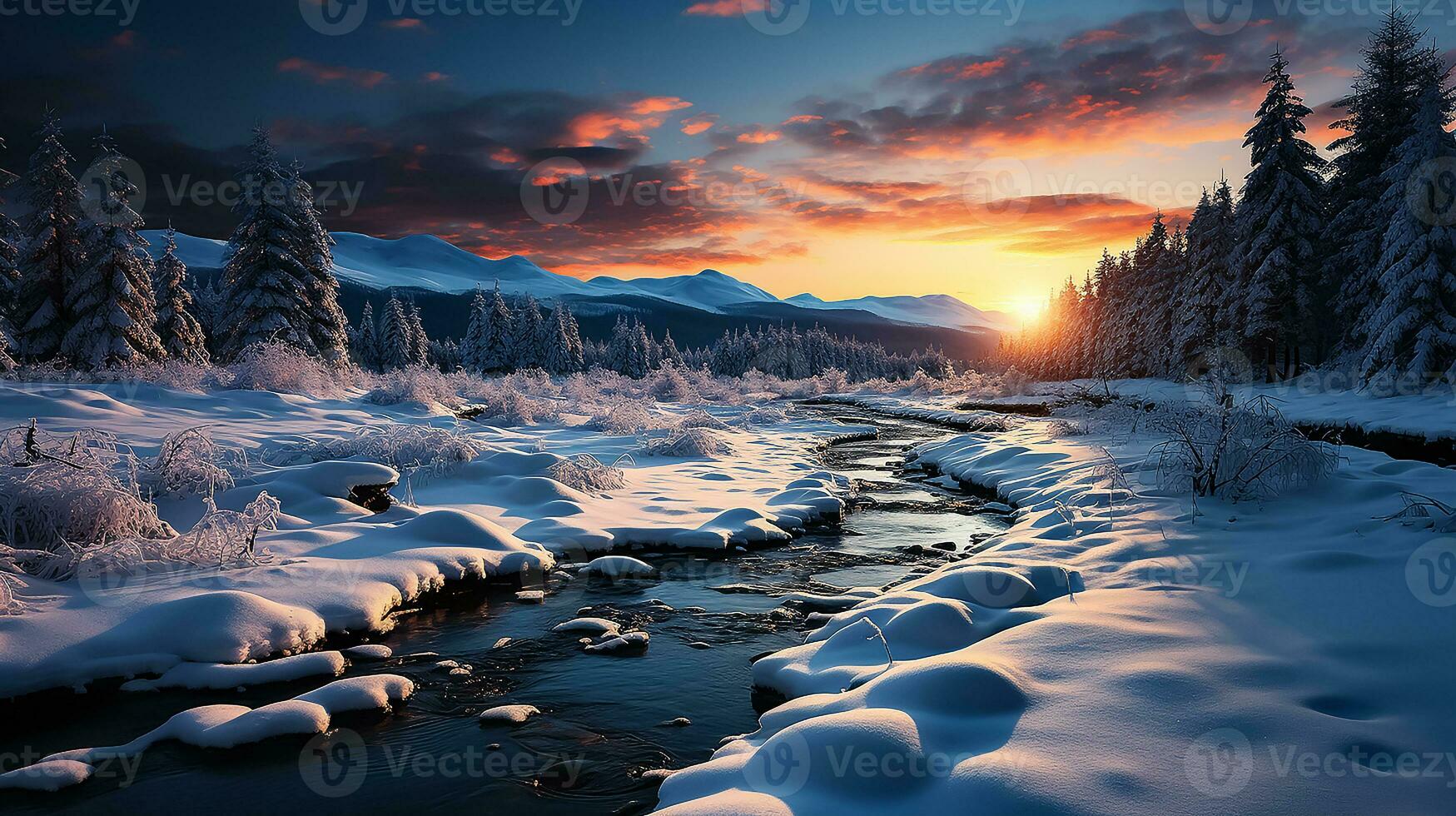 AI generated winter background of snow and frost with landscape photo