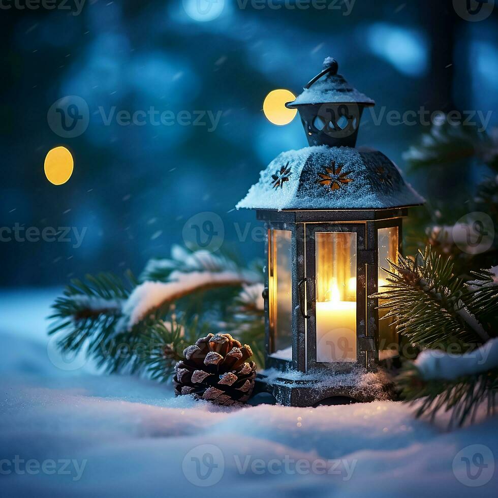 AI generated Christmas lantern on snow and snowfall photo